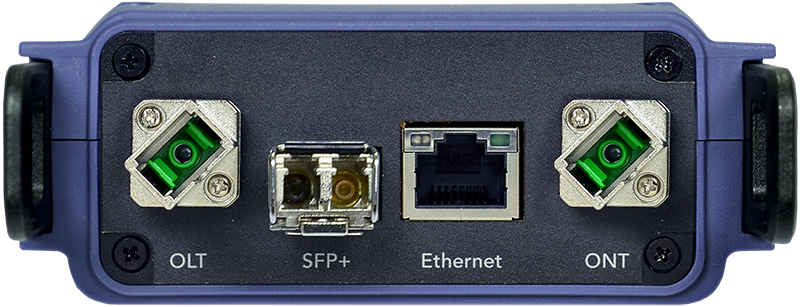Portarna på VeEX PX92 från vänster: OLT, SFP+, Ethernet och ONT