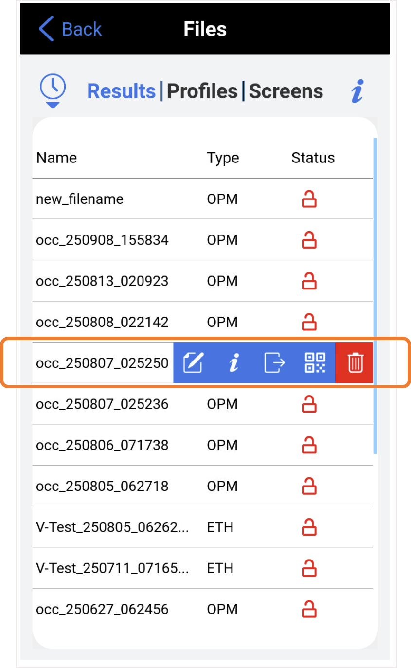 PX92 Files med Results, Profiles, Screens och menyn för att dela resultat