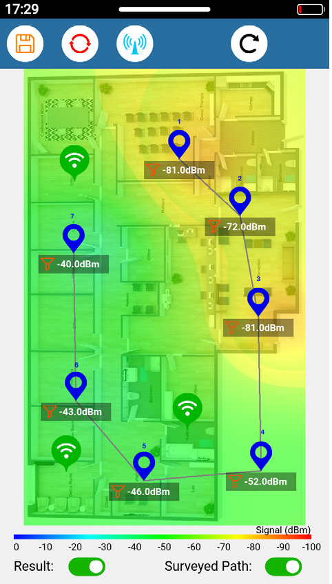 WX90 visar en heatmap över Wi-Fi-täckning i en planritning